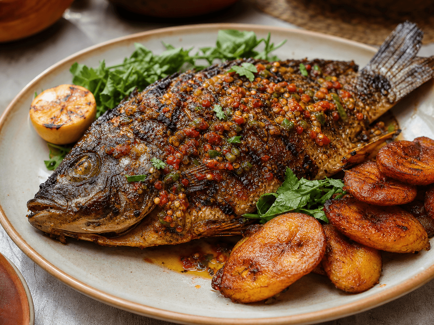 Grilled tilapia with pepper sauce and fried plantain