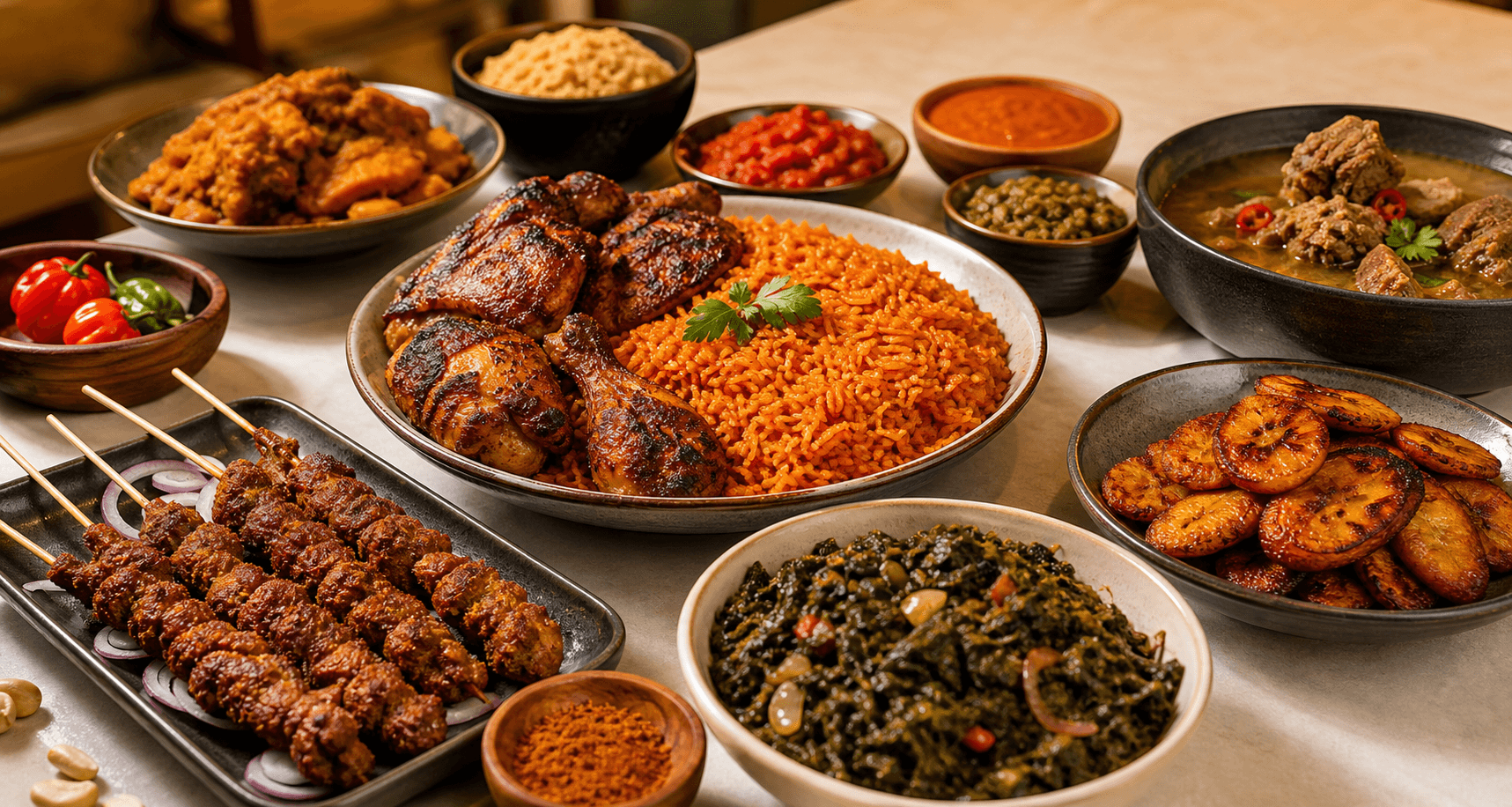 African dishes with jollof rice, grilled chicken, suya, soups and plantain